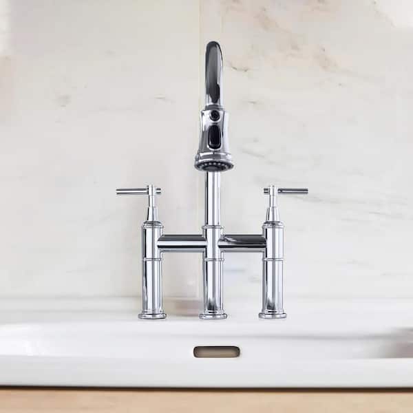 Satico Double Handle Bridge Kitchen Faucet with Pull-Down Sprayhead in Brushed Chrome