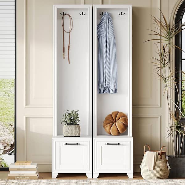 Elegant White 15.7"W x 70.8"H Narrow Hall Tree with 2 Hooks & 1 Drawer, Set of 2