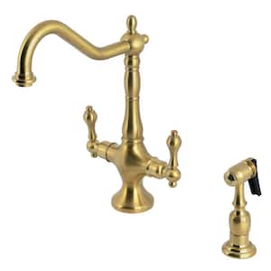 Heritage Deck Mount Double Handle Single-Hole Standard Kitchen Faucet with Sprayer in Brushed Brass