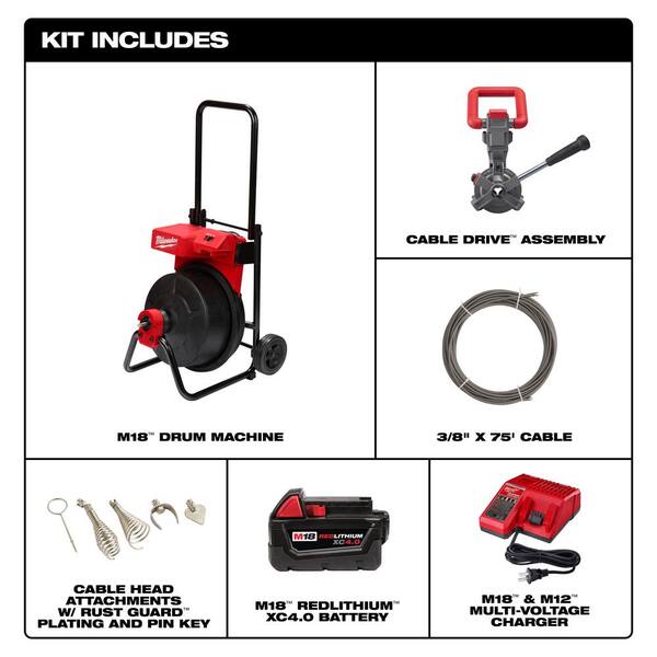 Milwaukee M18 18V Lithium-Ion 3/8 in. x 75 ft. Cordless Drain Cleaning Drum  Machine Kit w/CABLE DRIVE & Front Guide Hose