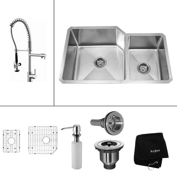 KRAUS All-in-One Undermount Stainless Steel 32 in. Double Basin Kitchen Sink with Faucet and Accessories in Chrome