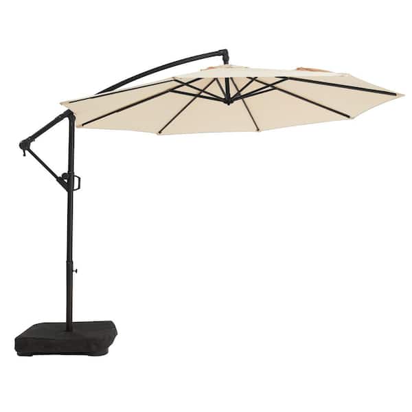 PASAMIC 10 ft. Patio Offset Umbrella Outdoor Cantilever Umbrella with Weighted Base Beige