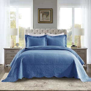 TG105 Midtone Blue Elegantly Embroidered King Size Cotton Oversized Quilt Bedspread Set