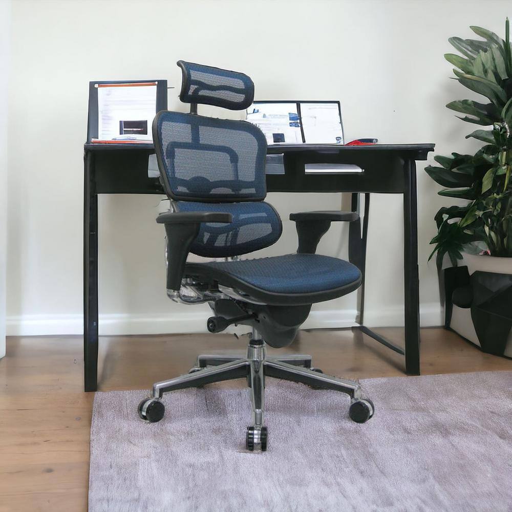 46" High Blue Mesh & Silver Industrial Office Chair with Fixed Arms