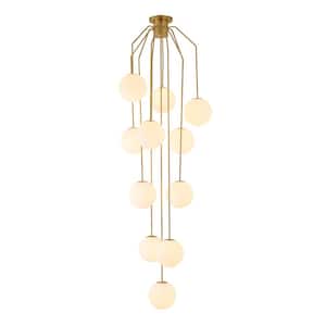 11-Light Antique Brass Geometric Chandelier with white glass globe shades