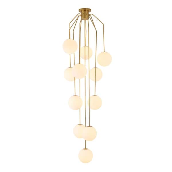 Unbranded 11-Light Antique Brass Geometric Chandelier with white glass globe shades