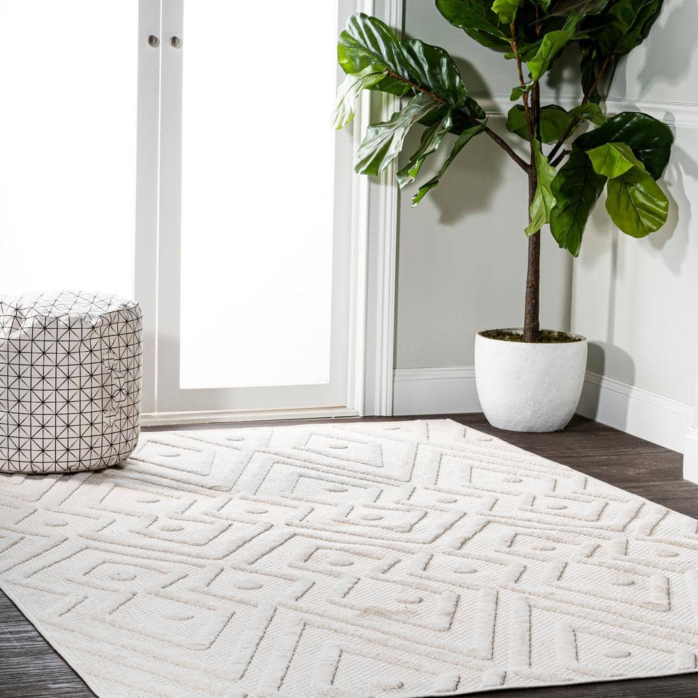 Ivory Geometric Flat Woven Synthetic Rectangular Rug