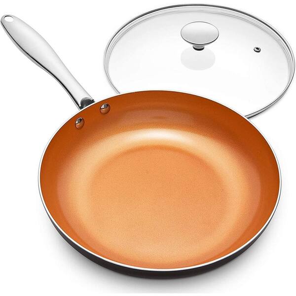 Unbranded 8 in. Aluminum NonStick Frying Pan in Copper with Lid