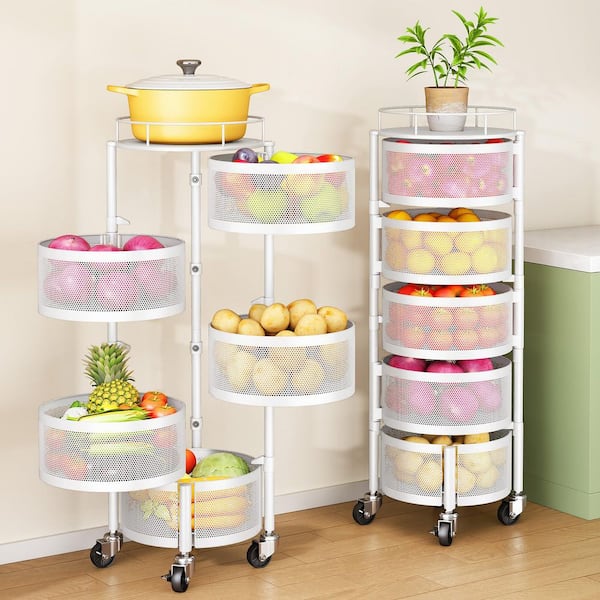 Wudkey 5-Tier Fruit and Vegetable Basket Bowls for Kitchen with Metal Top Lid, Rotating Storage Rack Cart on Wheels in White