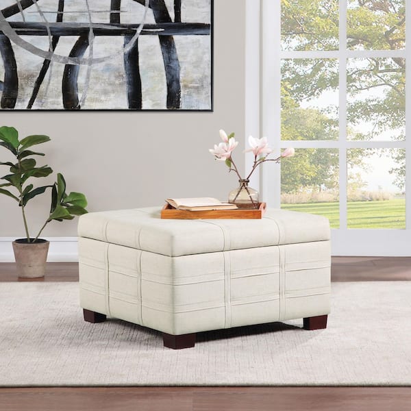Detour Strap Square Storage Ottoman in Linen Fabric