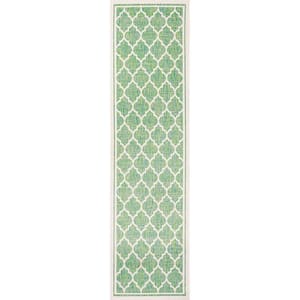Trebol Moroccan Cream/Green 2 ft. x 10 ft. Trellis Textured Weave Indoor/Outdoor Area Rug