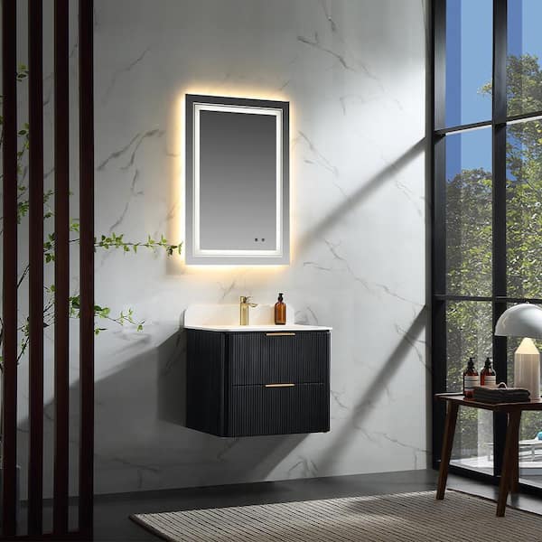 Wenlorin 24 in. Single Sink Floating Black Bath Vanity with White Acrylic Top Pre-Assembled