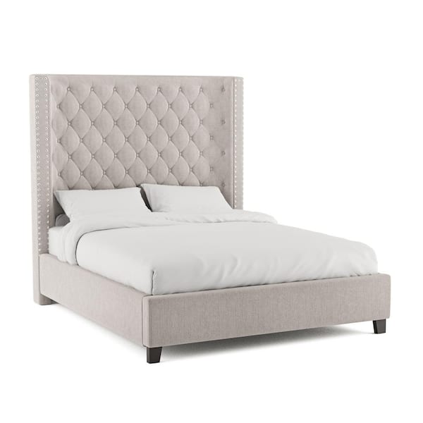 Furniture of America Lindman Ivory White Tall Headboard Upholstered Wood Frame King Platform Bed With Nailhead Trim