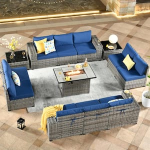 Crater Grey 13-Piece Wicker Wide-Plus Arm Outdoor Fire Pit Patio Conversation Sofa Set with Navy Blue Cushions