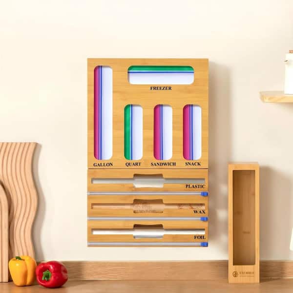 Natural Bamboo 3-in-1 Kitchen Drawer Organizer with Lids, Organizers Compatible Gallon, Quart, Sandwich Snack Size