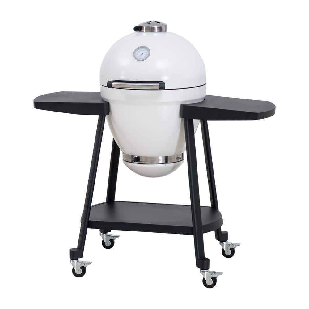 Portable 20 in. Outdoor Charcoal Egg Grill White Kamado Grill with Pizza Plate Ultimate BBQ Grill and Smoker with Wheels