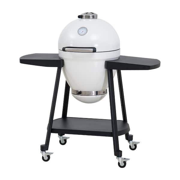 Portable 20 in. Outdoor Charcoal Egg Grill White Kamado Grill with Pizza Plate Ultimate BBQ Grill and Smoker with Wheels