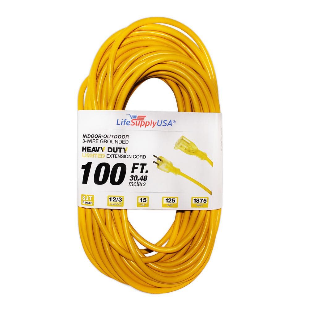 LifeSupplyUSA 100 ft. 12/3 SJT 15 Amp 125-Volt 1875-Watt Lighted End Indoor/Outdoor  Heavy-Duty Extension Cord (2-Pack) 2123100FT The Home Depot