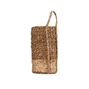 Two-Toned Hand Woven Cylindrical Wicker Seagrass and Corn Husk Medium Large Basket with Single Handle