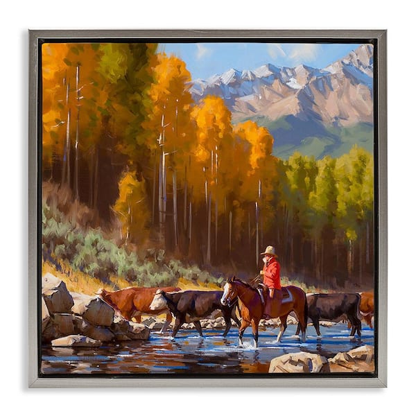 Stupell Industries Herding Cattle Through Stream by Jimmy Dyer 1 Piece Floater Frame Graphic Print Nature Poster Art Print 18 in. x 18 in.