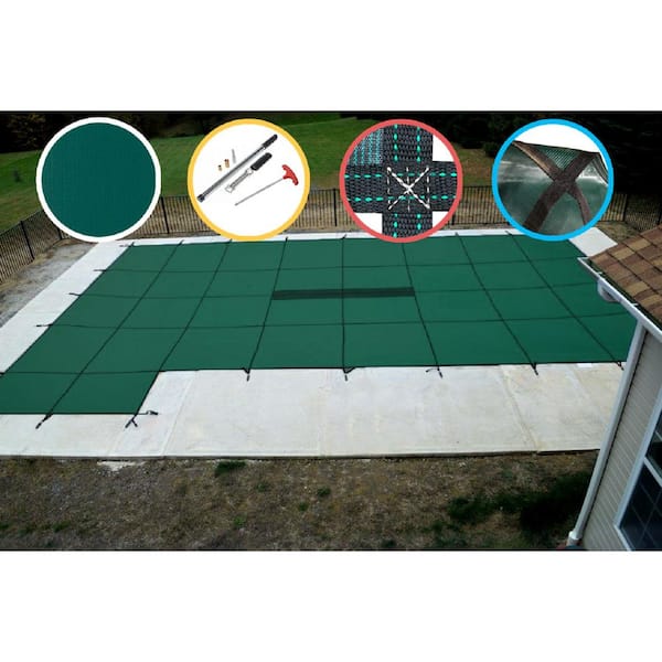 Water Warden 16 ft. x 32 ft. Rectangle Green Solid In-Ground Safety Pool Cover Left Side Step, ASTM F1346 Certified