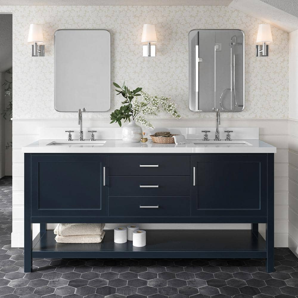 Bayhill 73 in. W x 22 in. D x 36 in. H Bath Vanity in Midnight Blue with Pure Pure White Quartz Top -  ARIEL, R073DWQRVOMNB