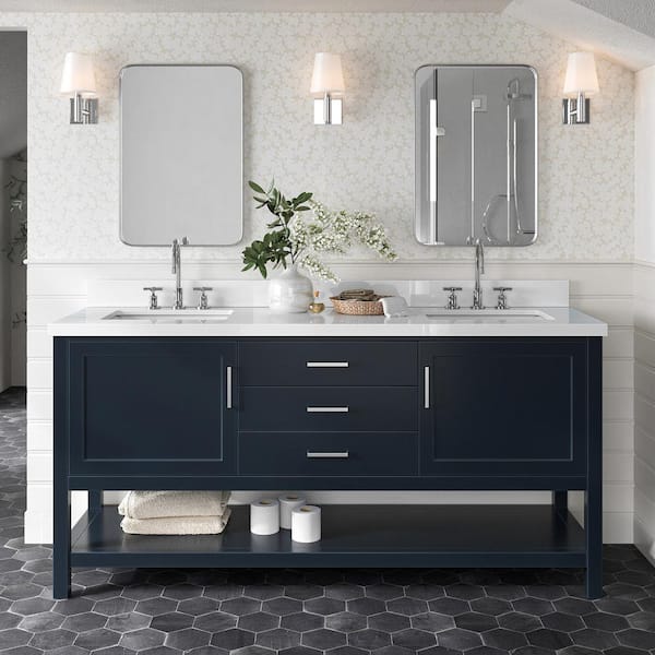 ARIEL Bayhill 73 in. W x 22 in. D x 36 in. H Bath Vanity in Midnight Blue with Pure Pure White Quartz Top