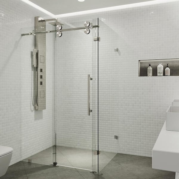 VIGO Winslow 34 in. L x 46 in. W x 74 in. H Frameless Sliding Rectangle Shower Enclosure in Stainless Steel with Clear Glass