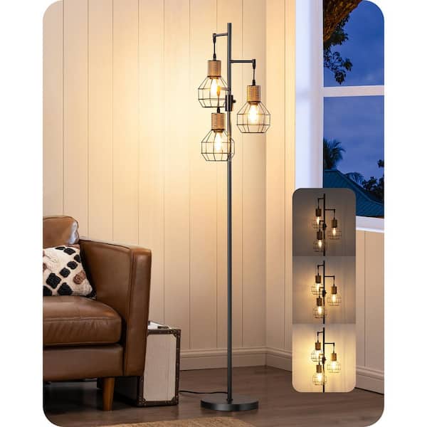 EDISHINE 65 in. Black Industrial 3-Light Standard Smart Dimmable Floor Lamp for Living Room with 3 LED Edison Bulbs