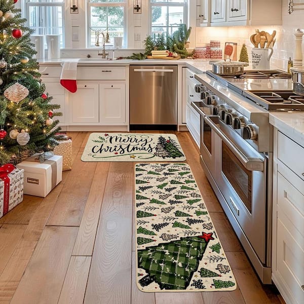 Beige 2-Pieces Kitchen Mats Indoor Winter Holiday Decor Rug Set 17 in. x 29 in. + 17 in. x 47 in. Christmas Trees