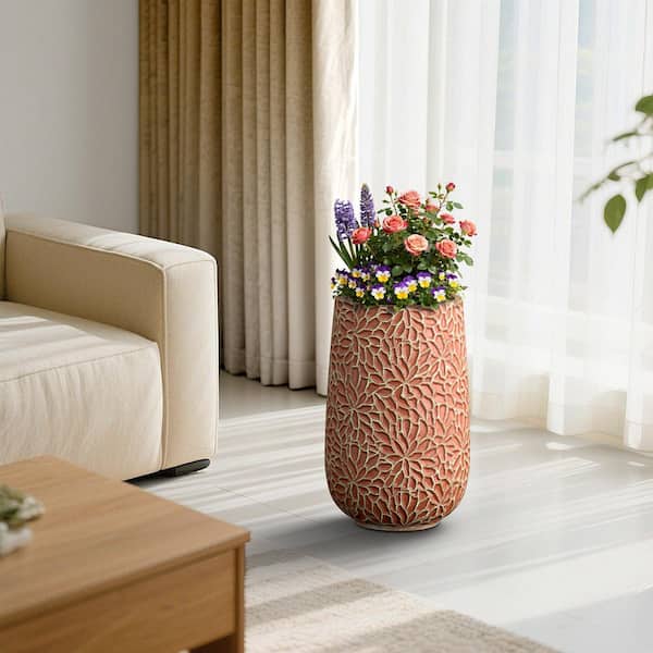13 in. Medium Teal(Upgraded Interior) Concrete Tall Round Planter / Pot with Floral Pattern with Drainage Holes