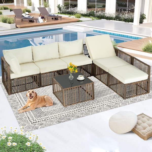 Zeus & Ruta 7-Piece Outdoor Wicker Sectional Conversation Set with Adjustable Backrest Sofa Beige Cushions and Coffee Table