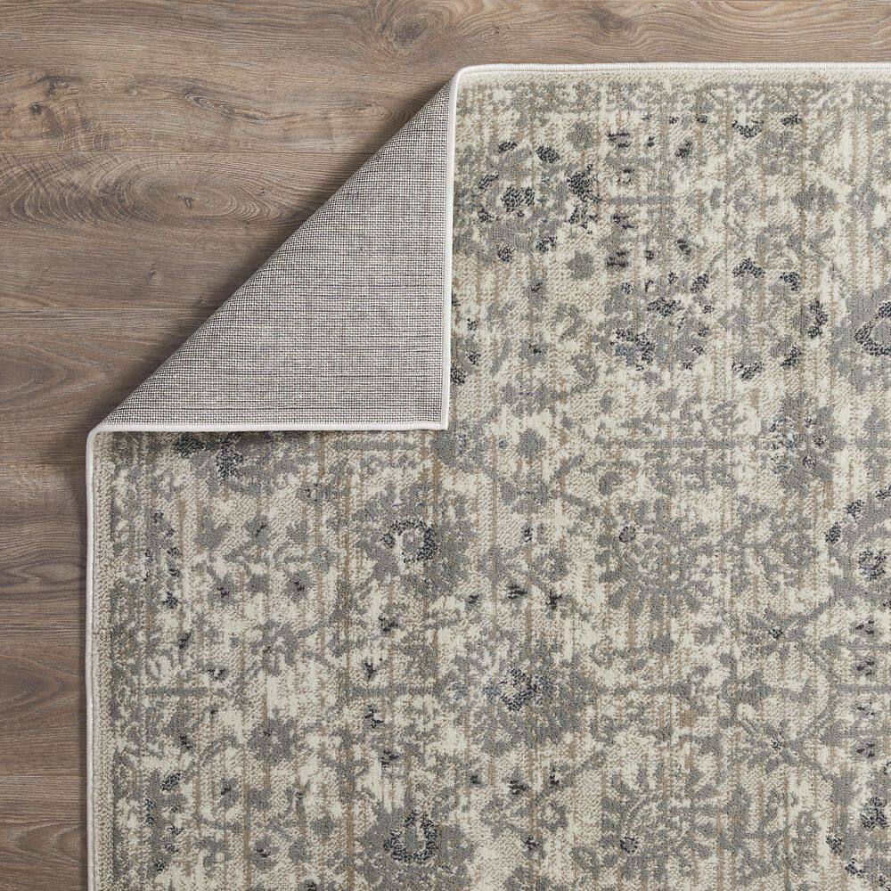Ivory and Gray Floral Synthetic 5' x 7' Area Rug