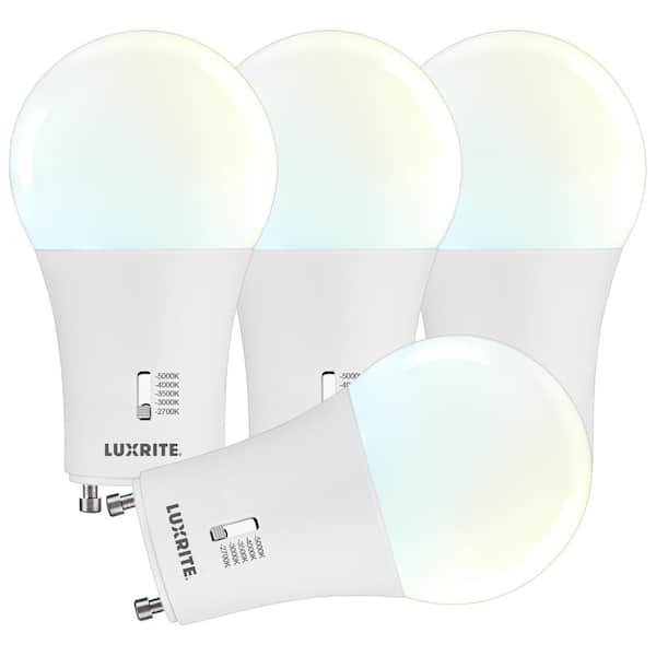 LUXRITE 60-Watt Equivalent A19 LED Light Bulb CRI90 5CCT Dimmable 800 Lumens 9-Watt GU24 Base Damp Rated ETL Listed (4-Pack)