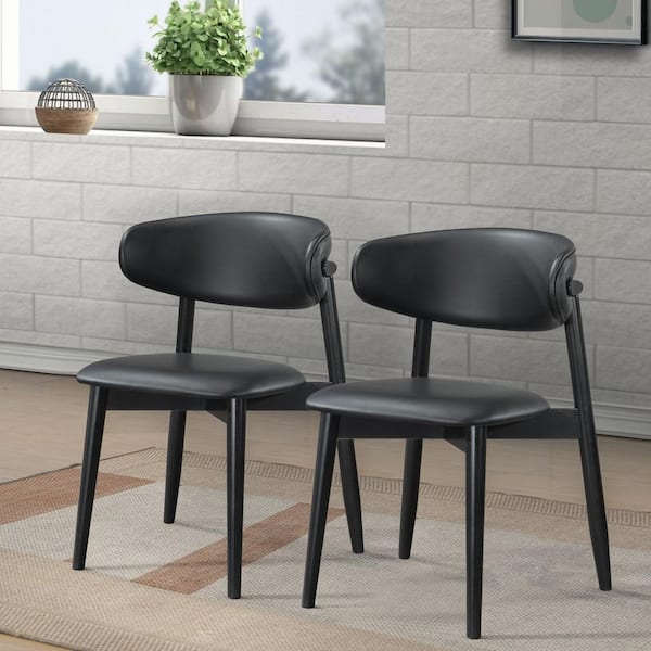 Noble House Egbert Mid-Century Modern Black PU Leather Upholstered Dining Chair, Solid Wood Legs (Set of 2)