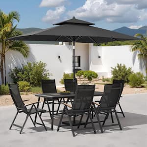 9-Piece Dark Gray Aluminum Outdoor Dining Set with Foldable Recliner Chairs Black Market Patio Umbrella and Wheeled Base
