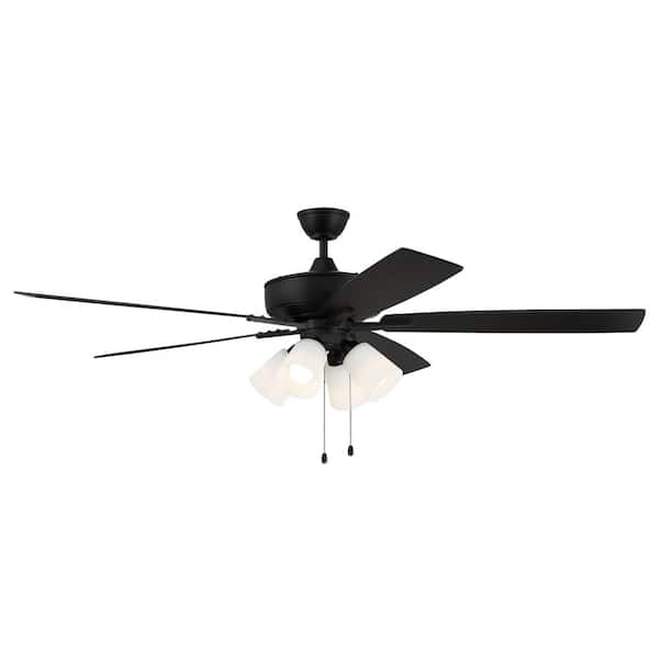 CRAFTMADE Super Pro-114 60 in. Indoor Dual Mount Flat Black Ceiling Fan with 4-Light White Glass LED Light Kit