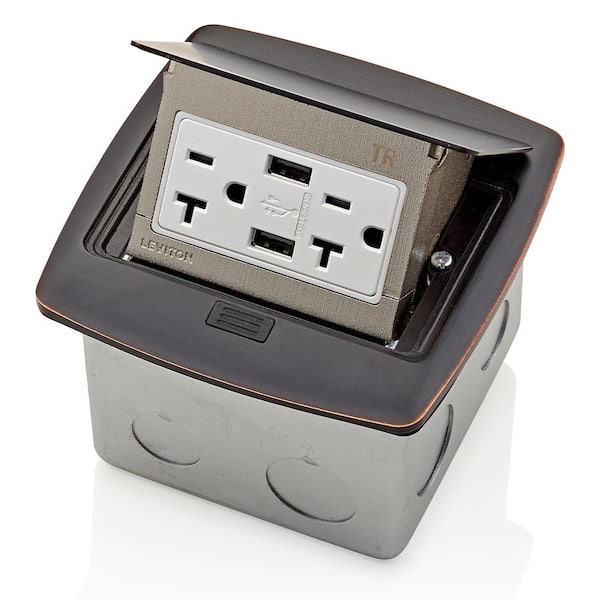 Leviton Pop-Up Floor Box with Dual Type A, 3.6 Amp USB Charger, 20 Amp Outlet, Bronze