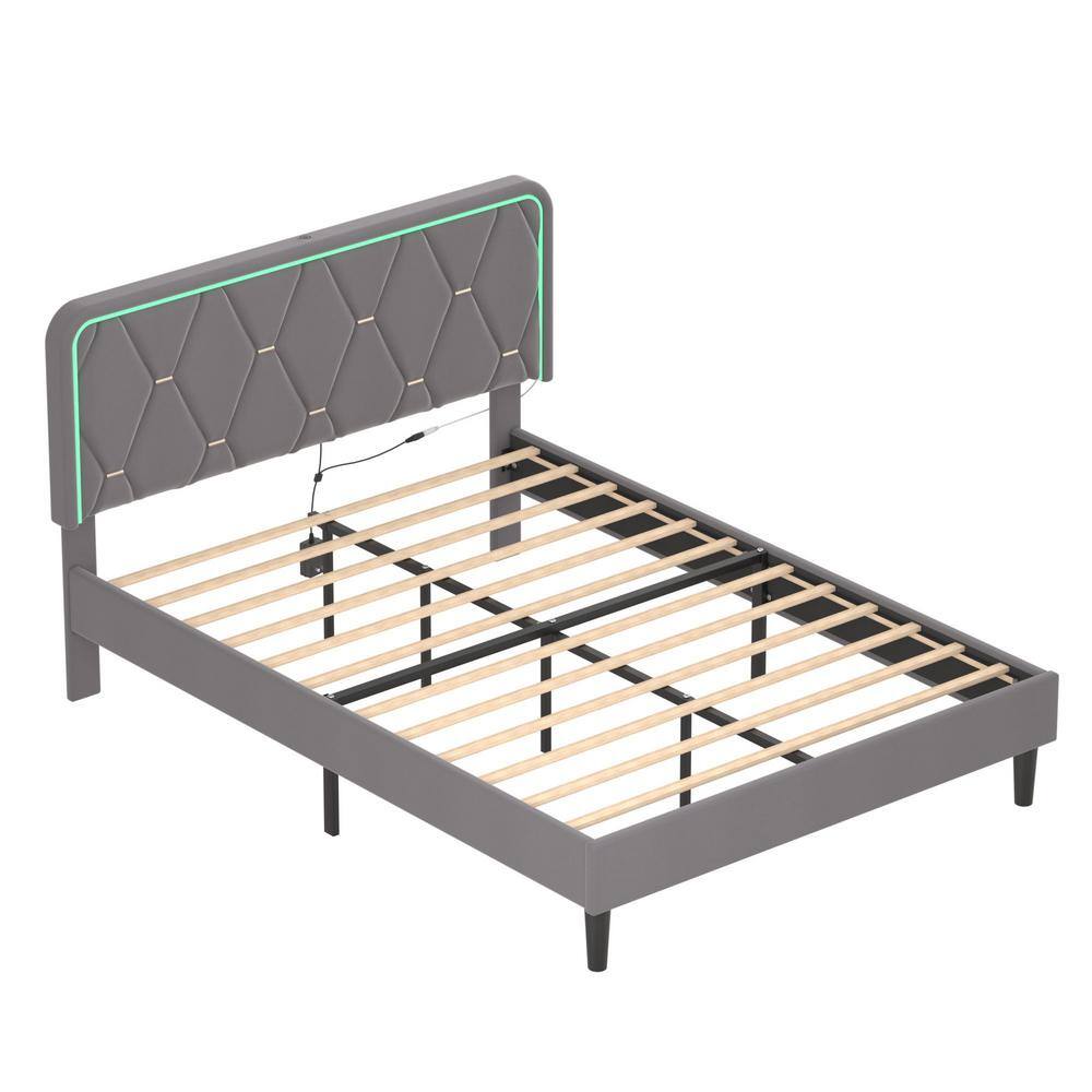 Upholstered Bed Queen Smart LED Bed Frame with Adjustable Gray Headboard, Platform Bed with Solid Wood Slats Support - thumbnail 10