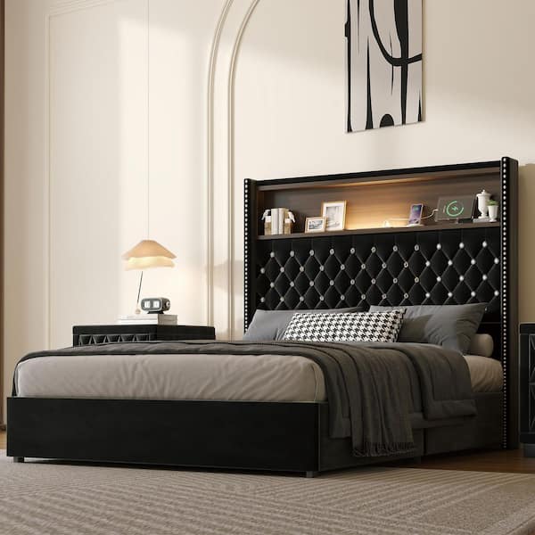Button-Tufted Black Wood Frame Full Size Velvet Platform Bed with USB Port, Shelf, Wing-back Light Headboard, Rivets