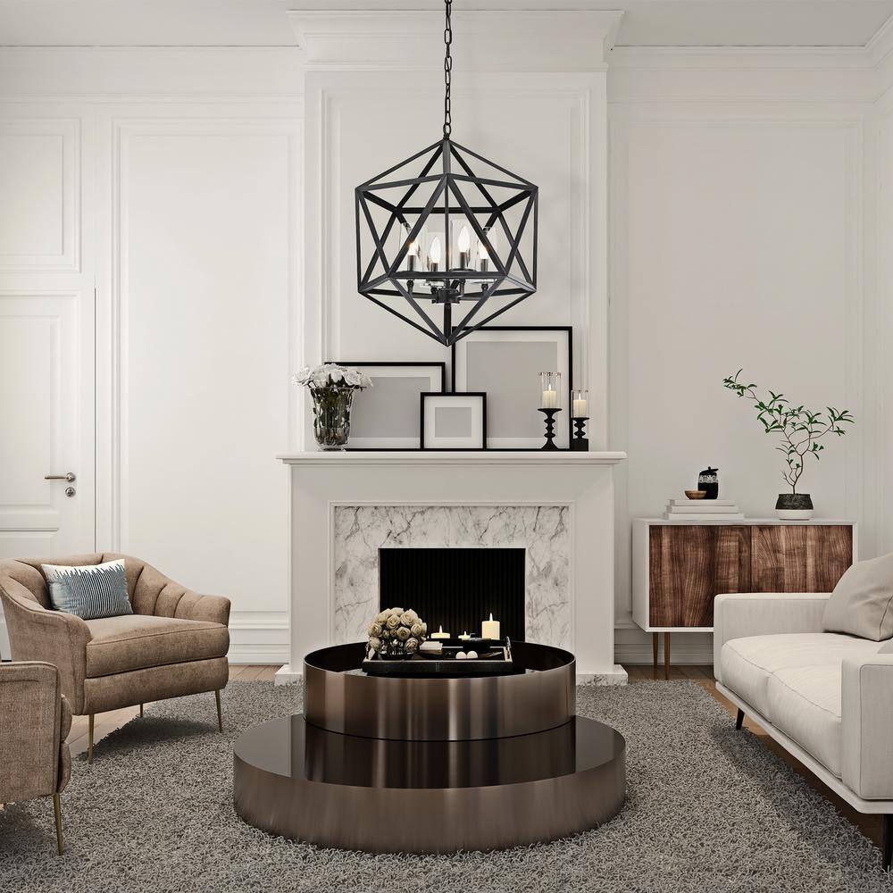 Antique Black Geometric Cage Chandelier with Glass Shades