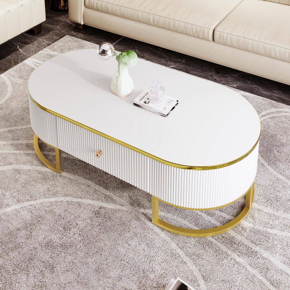 47.2 in. White and Gold Oval MDF Top Coffee Table with Drawers