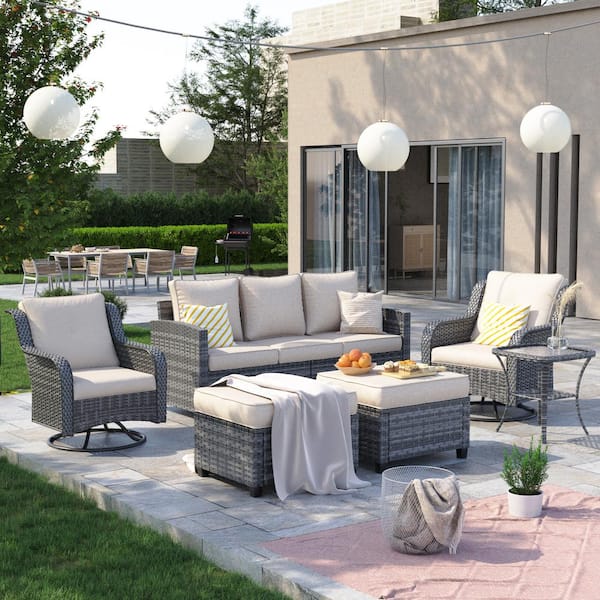 Poteban Gray Wicker Material 5 Person Patio Conversation Set With Beige Cushions, Number of 6 Pieces.