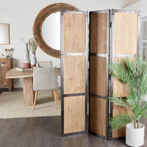 6 ft. Brown 3 Panel Hinged Foldable Partition Room Divider Screen with Solid Wood Panels