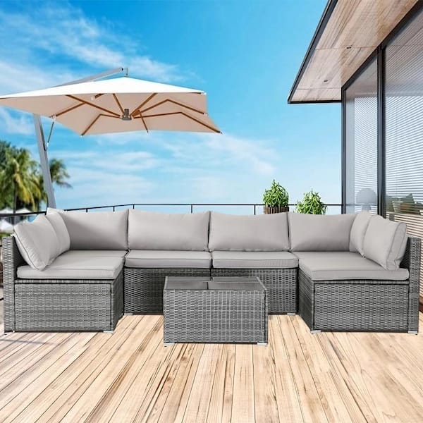 Zeus & Ruta 7-Piece Gray Wicker Outdoor Patio Sectional Sofa Conversation Set with Gray Cushions and 1 Coffee Table
