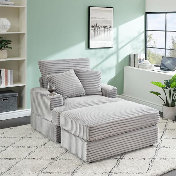 59 in. W Spring Upholstered Armchair Square Arm Corduroy Square Sofa in Gray with Cup Holder