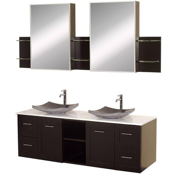 Wyndham Collection Avara 60 in. Vanity in Espresso with Double Basin Stone Vanity Top in White and Medicine Cabinets