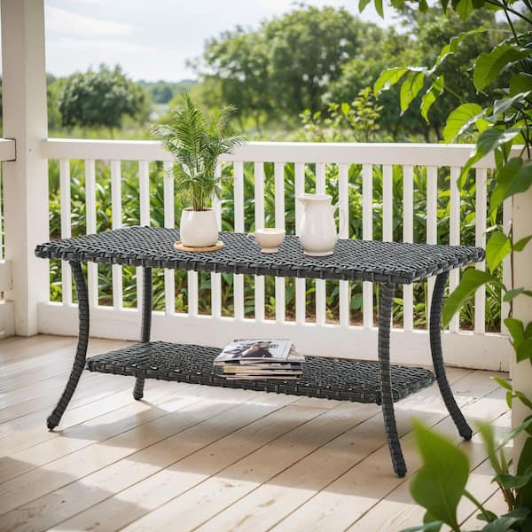 Brown Rectangle Wicker Outdoor Coffee Table with Lower Storage Shelf PE Rattan Side Table for Patio
