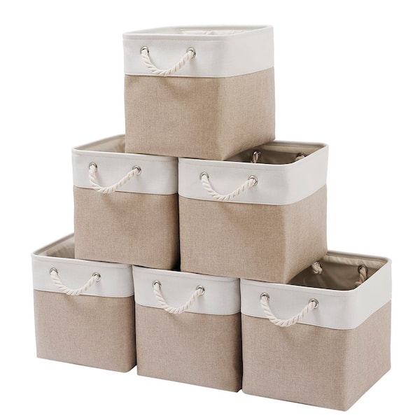White & Beige 11 in x 11 in Linen Collapsible Fabric Storage Bins Set of 6 for Home Office Closet