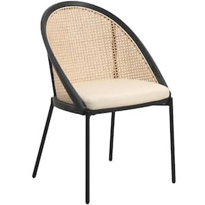 Dining Chair with Vinyl Fabric Seat and Wicker Backrest in Black Stainless Steel Urbane Collection in Cream